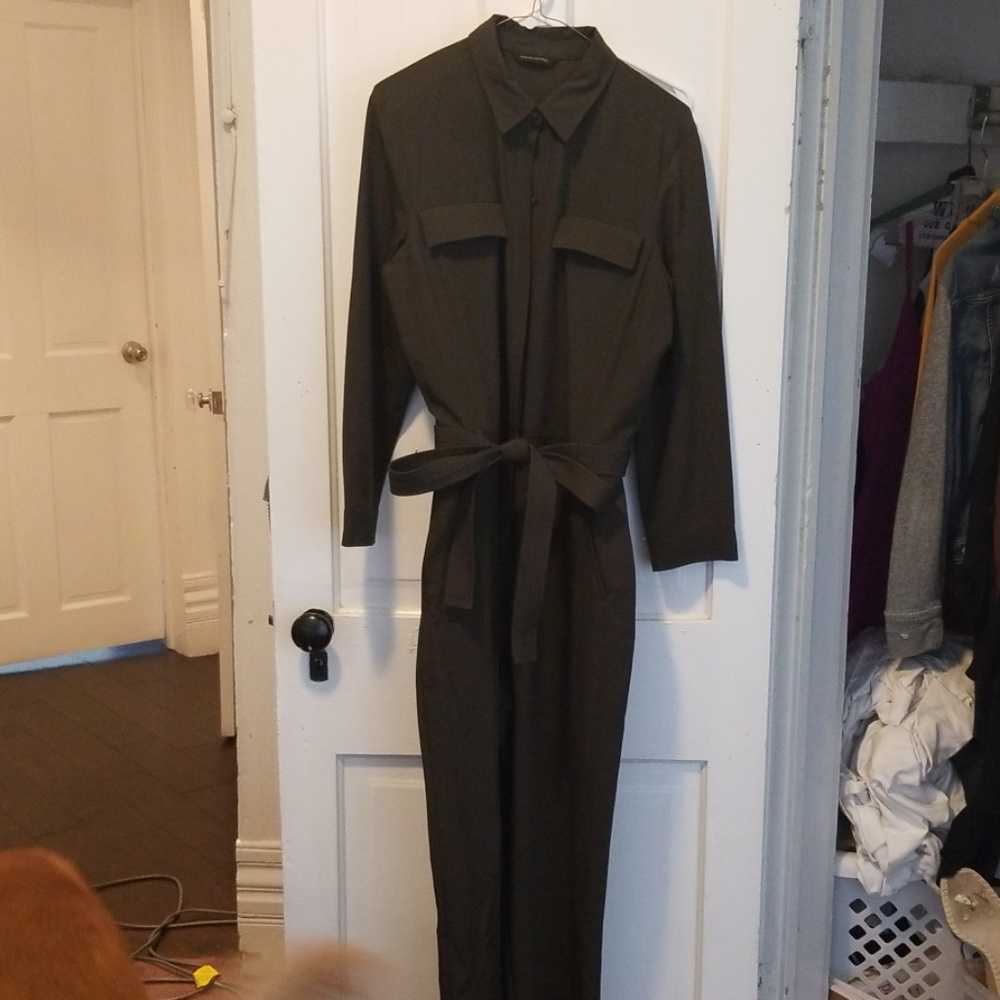 Army green longsleeve jumpsuit.